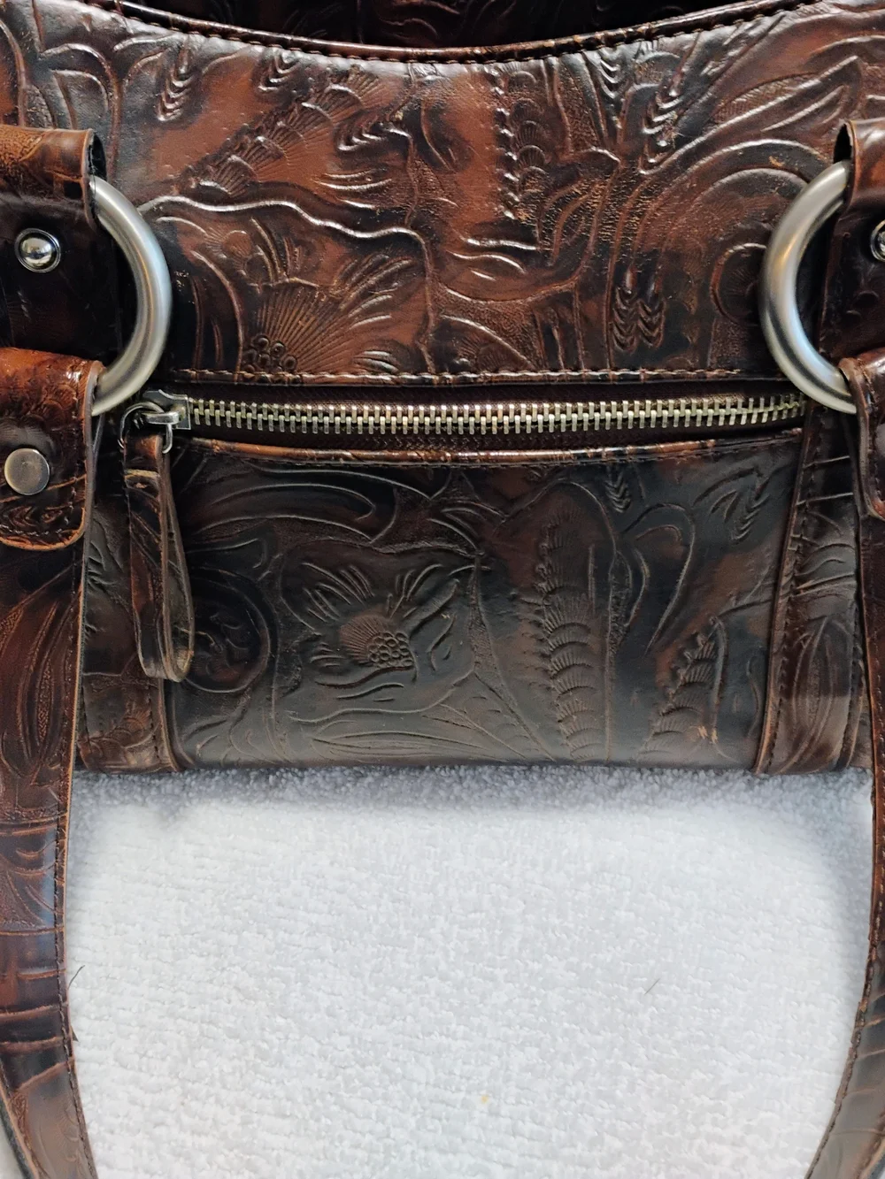 Nine West Brown Floral Faux Leather Shoulder Tote Bag Sliver Ring Accents